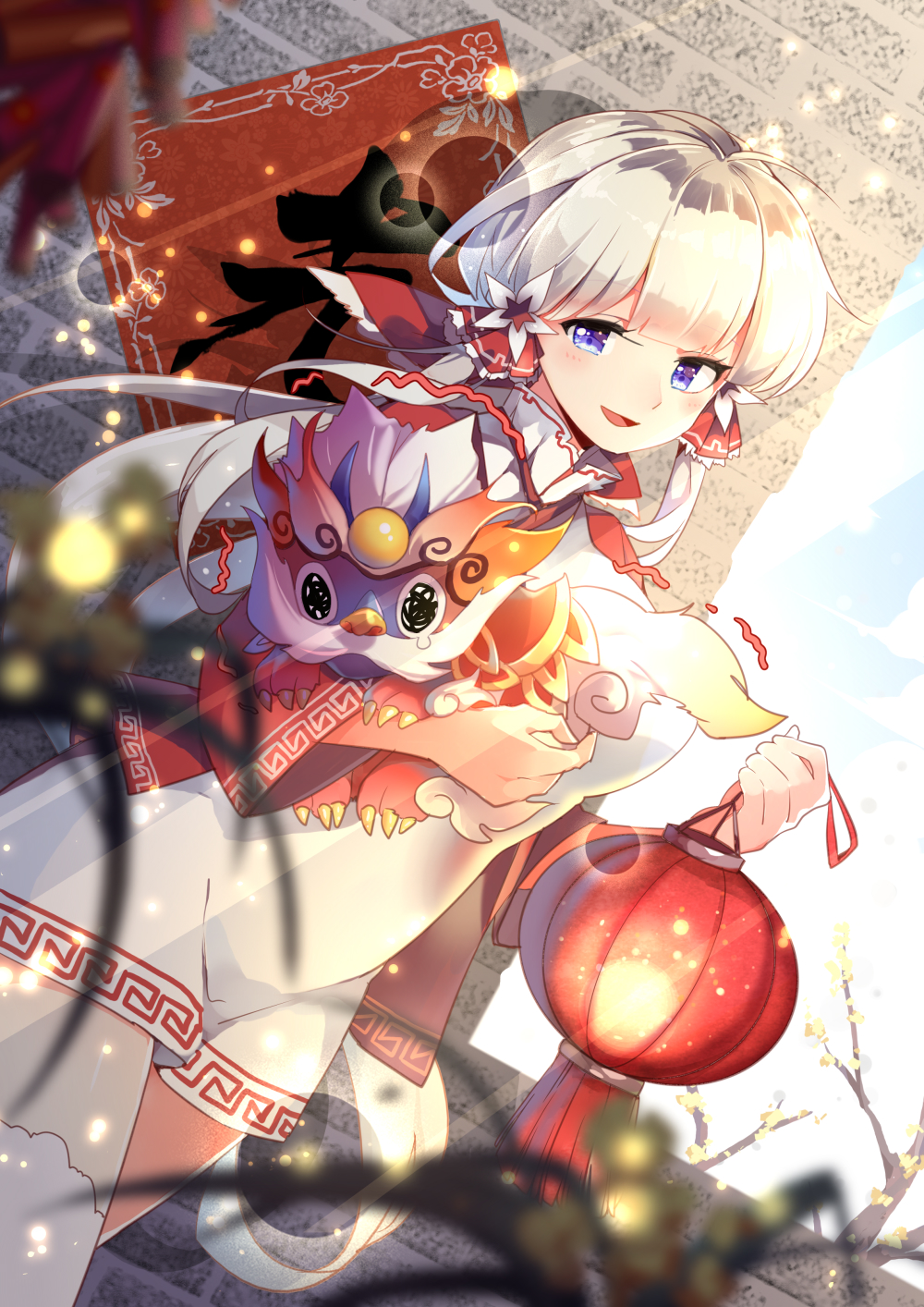 :d @_@ ahoge azur_lane bangs blue_eyes blue_sky blunt_bangs blurry blurry_foreground blush brick_wall claws cloud commentary_request creature day depth_of_field dress dutch_angle facial_hair flower hair_flower hair_ornament highres holding_lantern illustrious_(azur_lane) lantern light light_rays long_hair looking_at_viewer motion_lines mustache open_mouth outdoors paper_lantern poster_(object) shiny shiny_hair short_dress sidelocks sky smile solo sunbeam sunlight teardrop thighhighs thighs trembling walking white_dress white_hair white_legwear yetworldview_kaze zettai_ryouiki