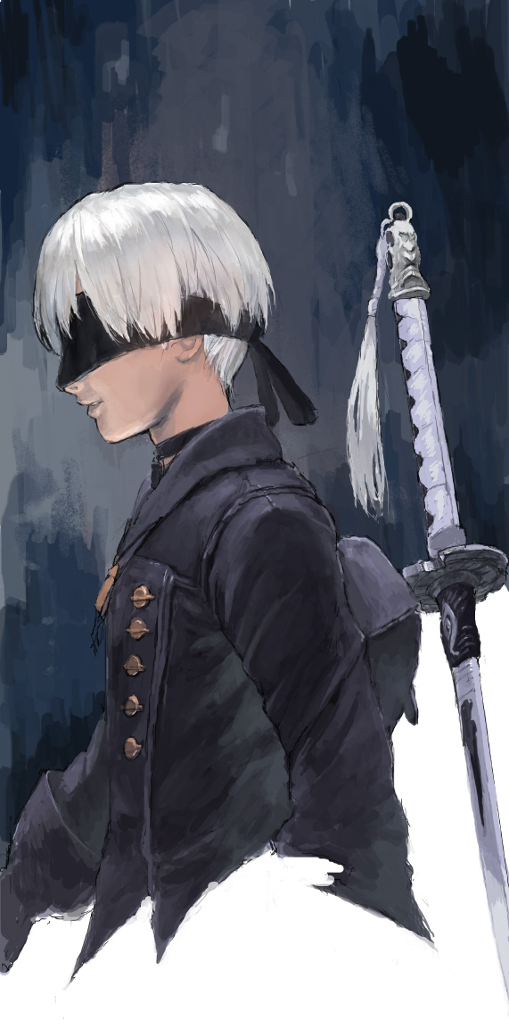 backpack bag black_jacket from_side iwauchi_tomoki jacket katana light_smile long_sleeves male_focus nier_(series) nier_automata parted_lips profile solo sword upper_body weapon white_hair yorha_no._9_type_s