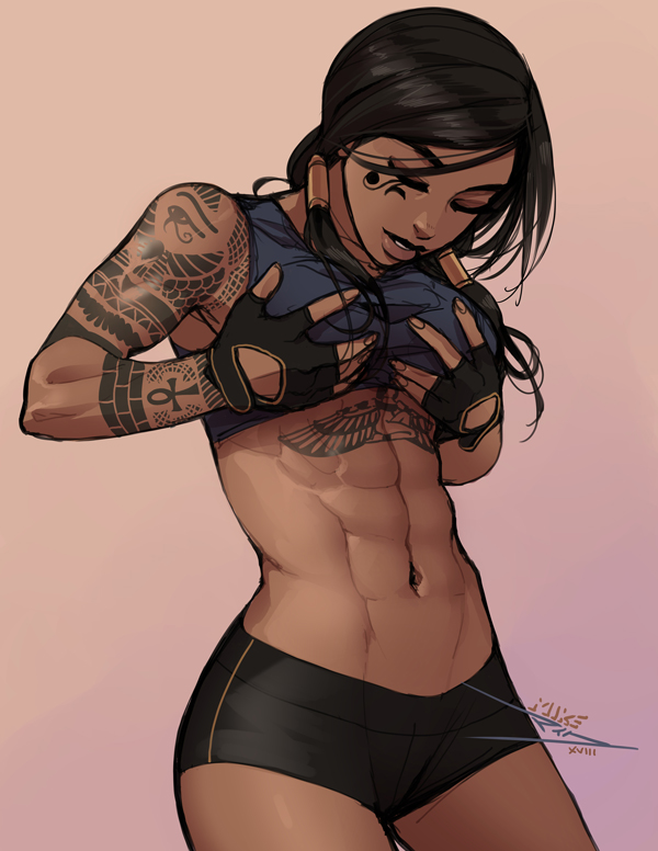 abs alternate_hairstyle arm_tattoo black_gloves breast_lift breasts closed_eyes commentary dark_skin eye_of_horus facial_tattoo fingerless_gloves gloves hair_tubes lips medium_breasts mike_nesbitt navel overwatch pharah_(overwatch) shorts simple_background solo sports_bra stomach_tattoo tattoo thick_eyebrows toned