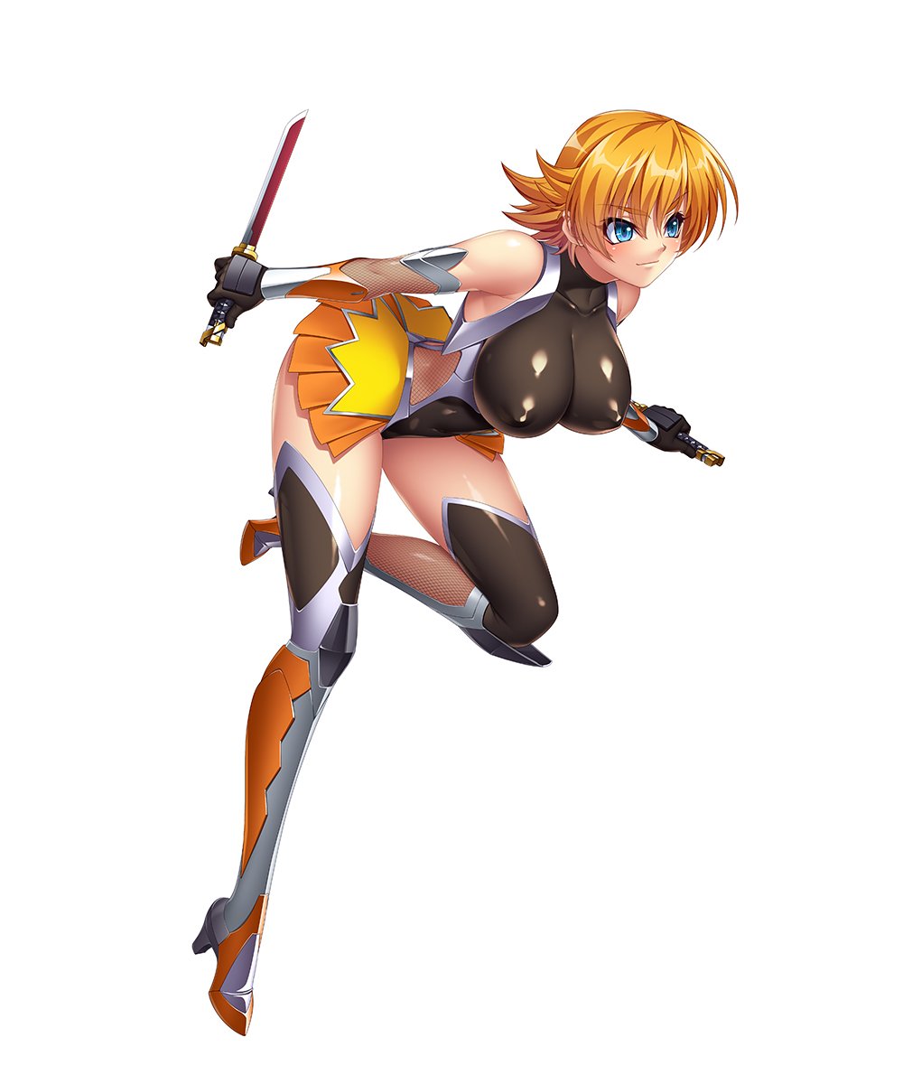 bangs bare_shoulders blonde_hair blue_eyes boots breasts commentary_request covered_nipples dual_wielding elbow_gloves eyebrows_visible_through_hair fishnets full_body gloves highres holding holding_weapon igawa_sakura impossible_clothes kagami_hirotaka large_breasts leotard looking_away ninja official_art shiny shiny_clothes short_hair simple_background skin_tight sleeveless solo taimanin_(series) taimanin_asagi tantou thigh_boots thighhighs weapon white_background