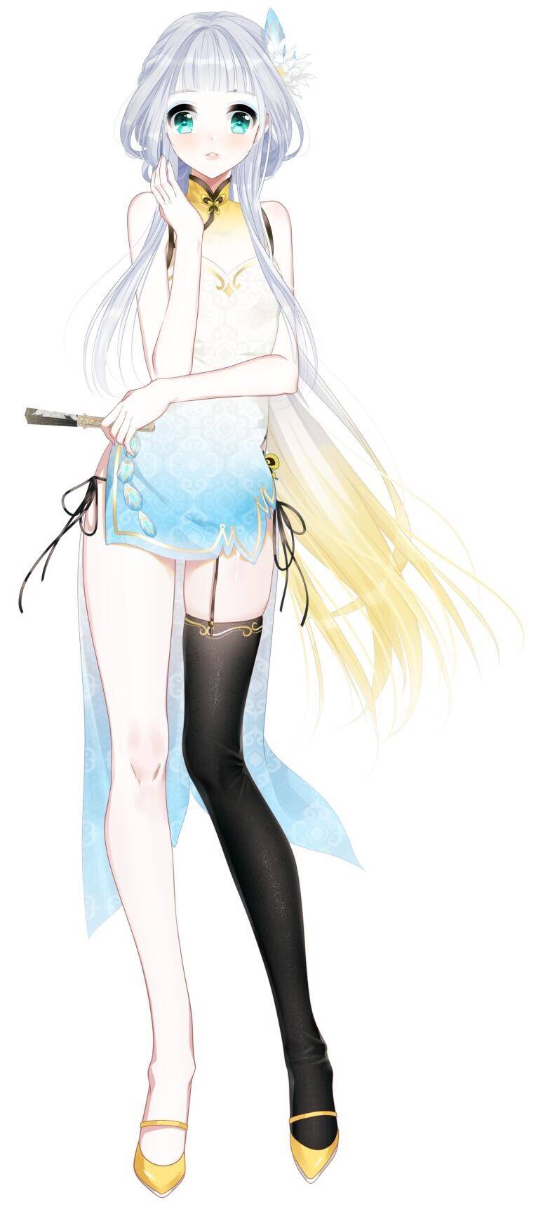 :o bangs black_legwear black_panties blonde_hair blue_eyes blunt_bangs china_dress chinese_clothes dress fan folding_fan full_body hair_ornament hand_up high_heels highres holding long_hair looking_at_viewer miemia multicolored_hair noah_fantasy official_art panties parted_lips side-tie_panties silver_hair simple_background single_thighhigh solo standing thighhighs underwear very_long_hair white_background yellow_footwear