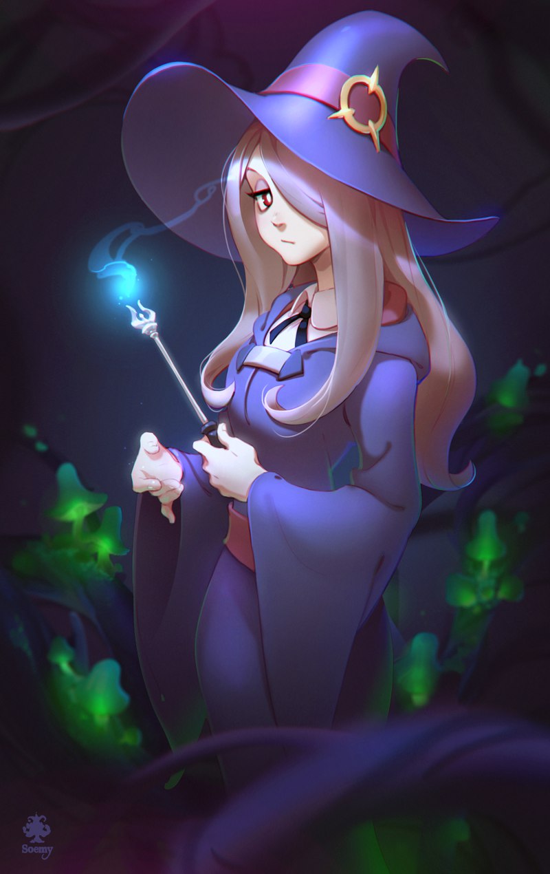 1girl bangs brown_eyes closed_mouth dress hair_over_one_eye hat little_witch_academia long_hair purple_background purple_hair soemy solo sucy_manbavaran wide_sleeves witch