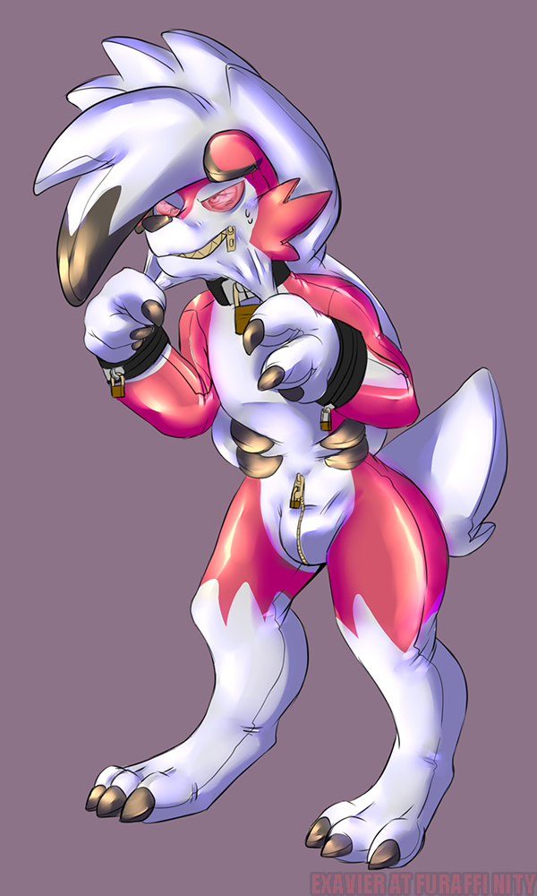 2017 3_fingers 3_toes anthro bdsm black_nose bulge canine claws clothed clothing costume digital_drawing_(artwork) digital_media_(artwork) exavier fursuit lock lycanroc male mammal midnight_lycanroc nintendo nviom pok&eacute;mon pok&eacute;mon_(species) red_eyes simple_background smile solo standing toes video_games zipper