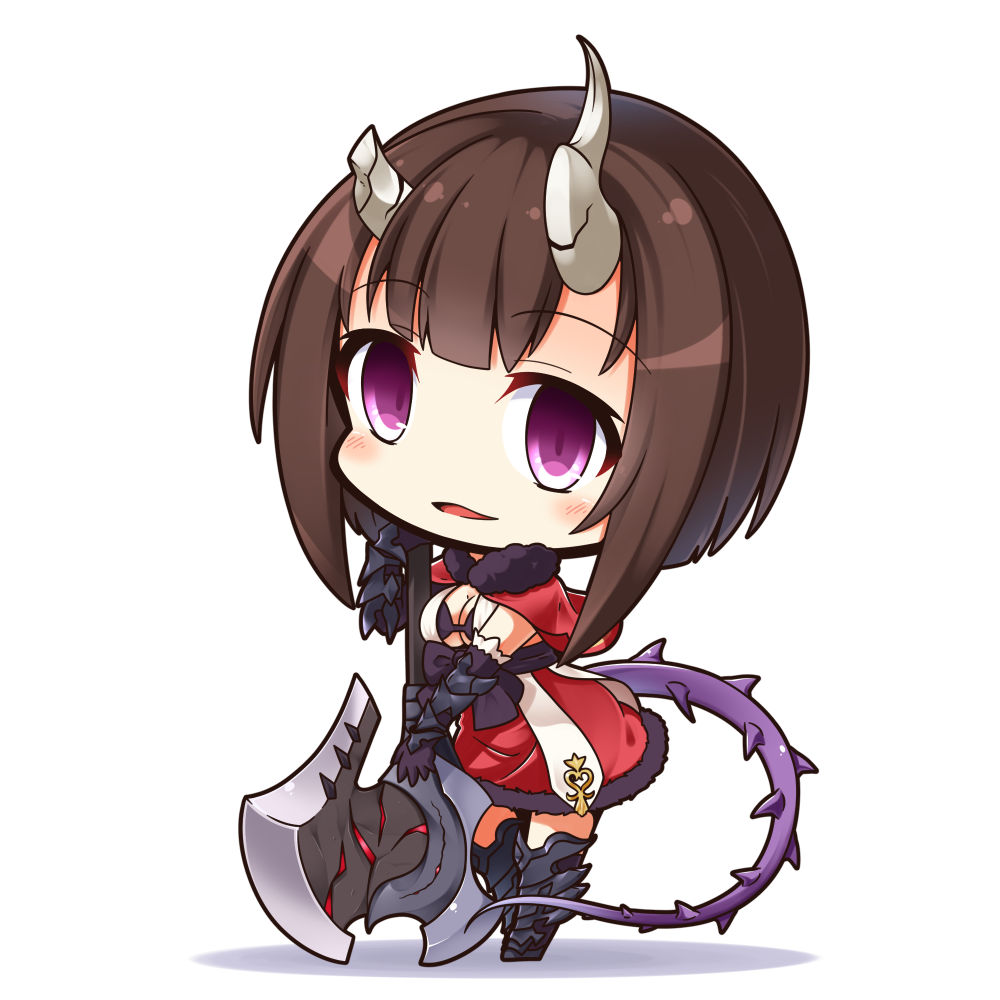 axe bangs battle_axe black_footwear blush boots broken_horn brown_hair capelet character_request chibi commentary_request eyebrows_visible_through_hair full_body fur-trimmed_capelet fur_trim gauntlets holding holding_axe horns knee_boots kuraishi_eriko looking_at_viewer parted_lips princess_connect! purple_eyes red_capelet red_skirt shachoo. short_hair sidelocks skirt smile solo standing standing_on_one_leg weapon white_background