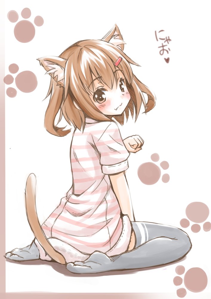 alternate_costume animal_ears black_legwear brown_eyes brown_hair cat_day cat_ears cat_tail commentary_request dress fang from_behind fujishima_shinnosuke ikazuchi_(kantai_collection) kantai_collection kemonomimi_mode looking_at_viewer paw_pose paw_print pink_stripes short_hair sitting solo striped striped_dress tail thighhighs wariza white_dress