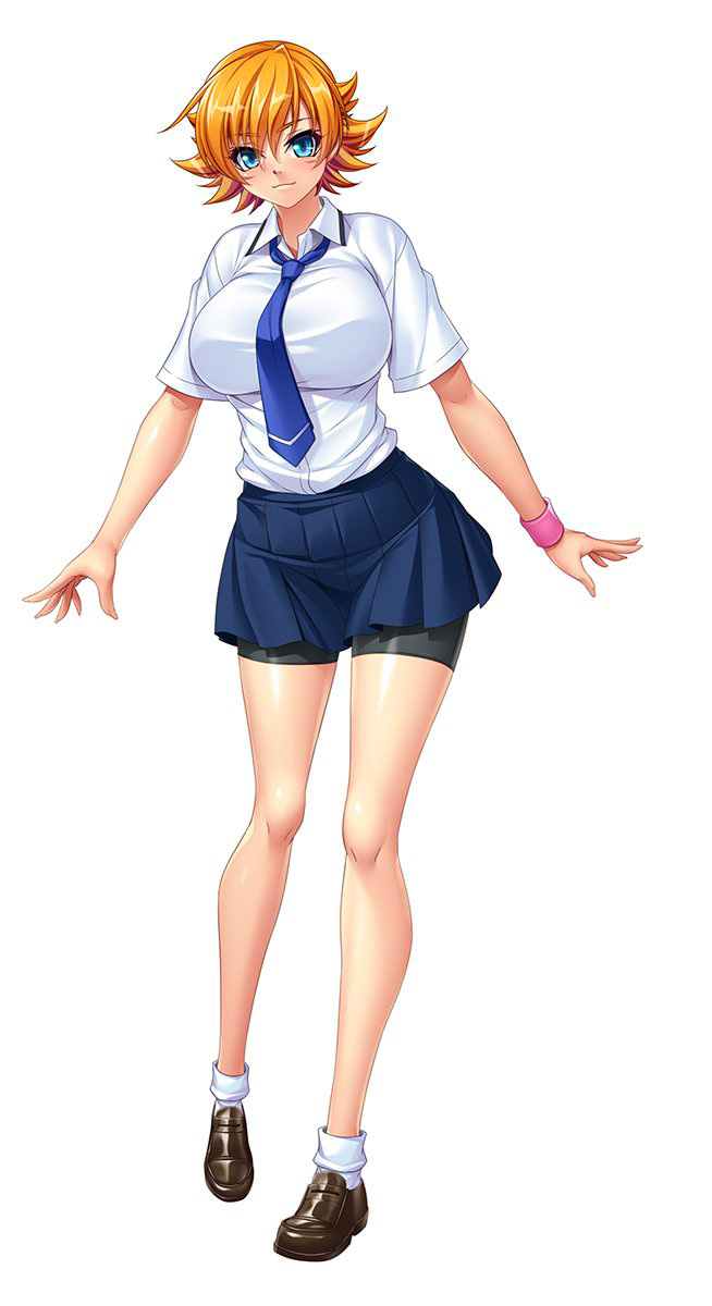 1girl bare_legs bare_shoulders blonde_hair blue_eyes breasts curvy female full_body highres igawa_sakura jumping kagami_hirotaka large_breasts lilith-soft looking_at_viewer school_uniform shiny shiny_skin short short_hair simple_background skirt smile solo standing taimanin_(series) taimanin_asagi taimanin_asagi_zero white_background
