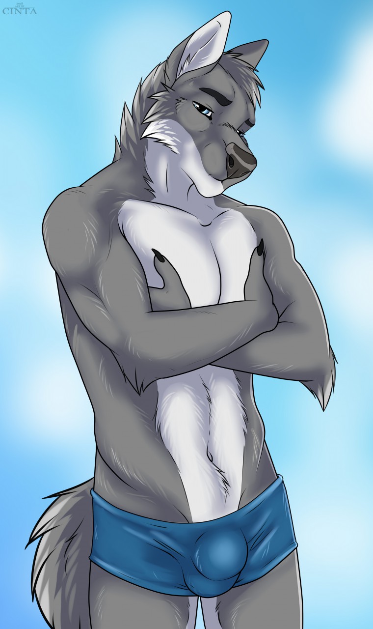 2018 5_fingers anthro athletic black_nose blue_background blue_eyes blurred_background bulge canine cinta clothed clothing crossed_arms eyebrows fur grey_fur grey_hair hair looking_at_viewer male mammal multicolored_fur simple_background solo standing topless two_tone_fur underwear white_fur wolf