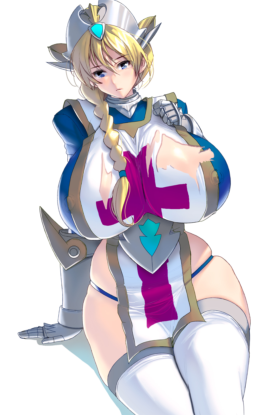 armor blonde_hair blue_eyes braid breasts commentary_request covered_nipples curvy headgear highres huge_breasts knight long_hair long_sleeves masao original plump skindentation solo thighhighs torn_clothes