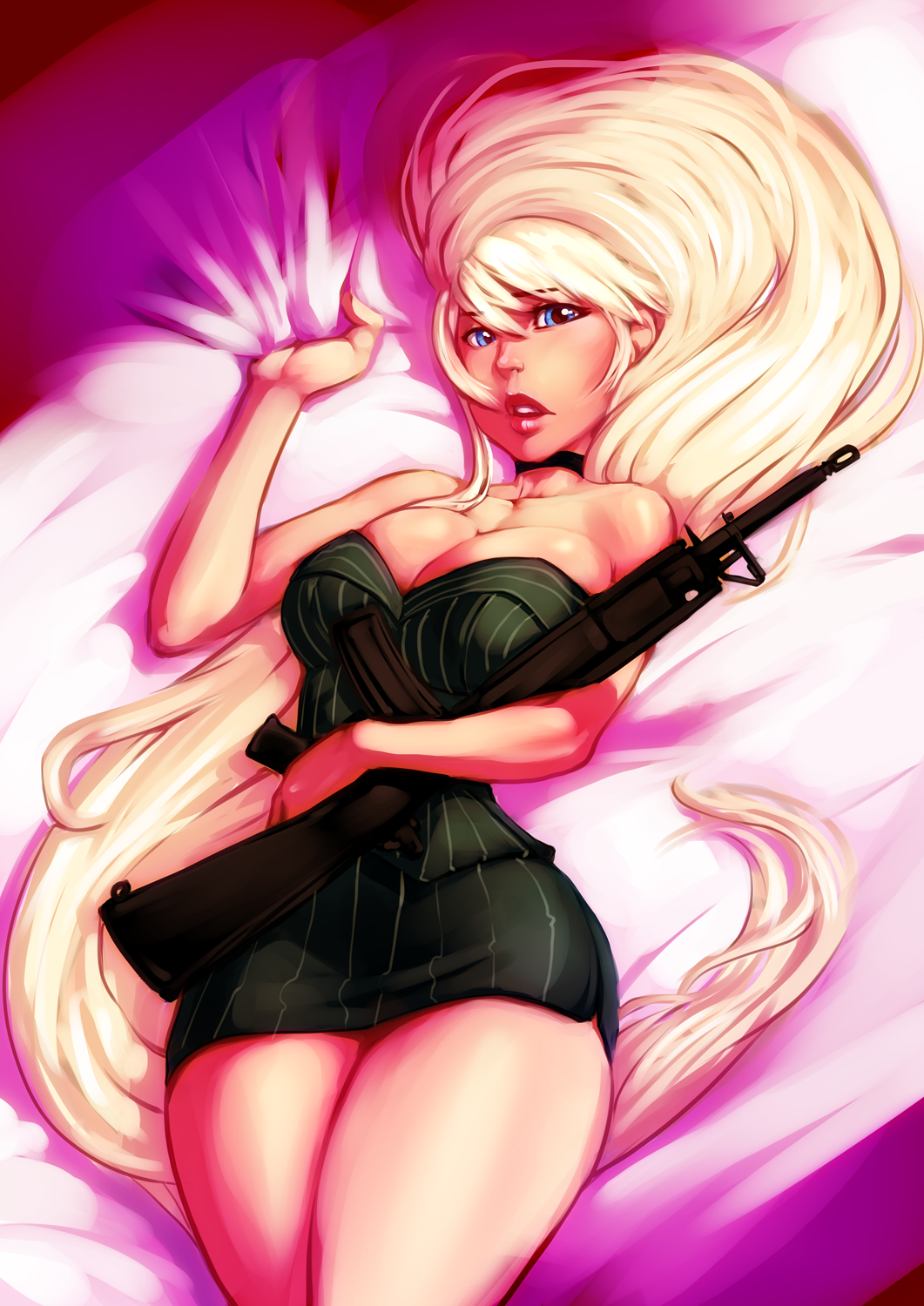 absurdly_long_hair bare_shoulders battle_rifle bed_sheet blonde_hair blue_eyes breasts choker cleavage collarbone commentary commission cover_image eyebrows_visible_through_hair gun highres holding holding_weapon large_breasts lips long_hair looking_at_viewer miniskirt original parted_lips pinstripe_pattern rifle sheet_grab skirt sleeveless slender_waist solo striped sven_(svenners) thighs very_long_hair weapon