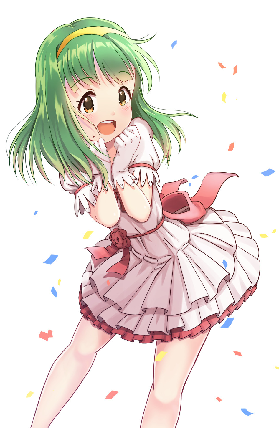 :d blush brown_eyes commentary_request confetti dress gloves green_hair hairband highres idolmaster idolmaster_(classic) long_hair looking_at_viewer mimikaki_(men_bow) mole mole_under_mouth open_mouth otonashi_kotori puffy_short_sleeves puffy_sleeves short_sleeves smile solo upper_teeth white_background white_dress white_gloves yellow_hairband