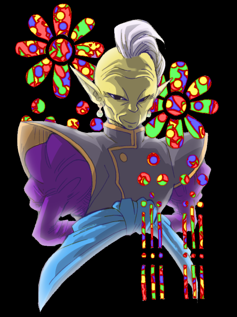 arms_behind_back black_background black_eyes character_request colorful daisy dragon_ball dragon_ball_super earrings egyptian_clothes floral_background flower jewelry long_sleeves looking_at_viewer male_focus mohawk shaded_face simple_background smile tetsuyo white_hair