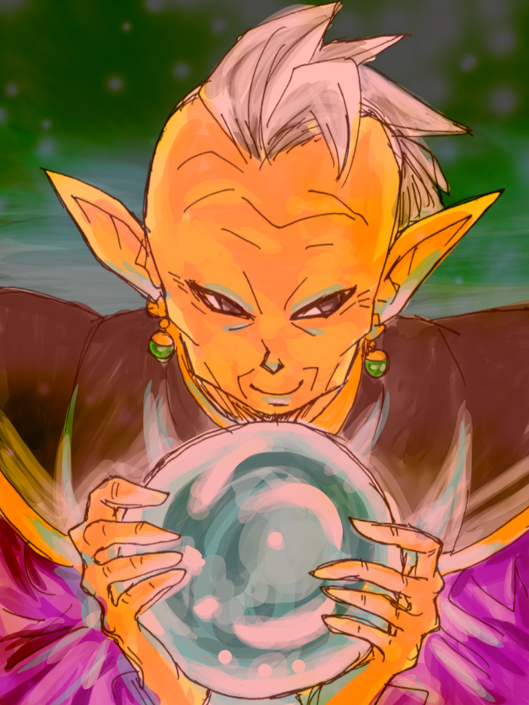 bad_id bad_pixiv_id black_eyes crystal_ball dragon_ball dragon_ball_super earrings egyptian_clothes gowasu green_background happy jewelry long_sleeves looking_away male_focus mohawk pointy_ears simple_background smile solo tetsuyo white_hair