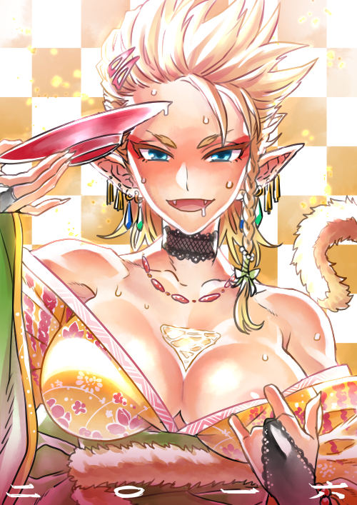 :d areola_slip areolae bare_shoulders black_choker blonde_hair blue_eyes braid breasts bridal_gauntlets character_request checkered checkered_background choker clothes_pull copyright_request cup earrings eyebrows eyeshadow fangs fingernails hair_ornament hairclip holding japanese_clothes jewelry kimono kimono_pull lace lace_choker large_breasts long_fingernails makeup mimonel necklace off_shoulder open_mouth pointy_ears pulled_by_self sakazuki saliva sharp_fingernails short_hair side_braid single_braid smile solo sweat tail tsurime