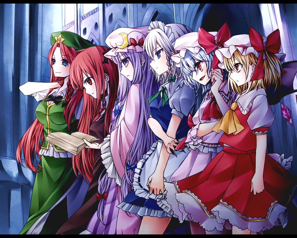 :/ :o ascot bat_wings beret between_fingers black_dress blonde_hair blue_dress blue_eyes blue_hair book bow braid brooch china_dress chinese_clothes commentary_request cowboy_shot crescent crescent_moon_pin doorway dress dress_shirt eyebrows_visible_through_hair eyes_visible_through_hair fang flandre_scarlet frilled_dress frilled_skirt frills green_dress hair_ribbon hanamari hat hat_bow head_wings holding holding_book hong_meiling izayoi_sakuya jewelry knife koakuma light_smile long_hair long_sleeves looking_to_the_side maid maid_headdress mob_cap multiple_girls necktie open_book patchouli_knowledge pocket_watch profile puffy_short_sleeves puffy_sleeves purple_dress purple_hair red_eyes red_hair red_neckwear remilia_scarlet ribbon ringed_eyes serious shirt short_hair short_sleeves side_ponytail silver_hair skirt skirt_set star striped striped_dress the_embodiment_of_scarlet_devil touhou tress_ribbon twin_braids vertical_stripes very_long_hair wall watch white_shirt wide_sleeves wings