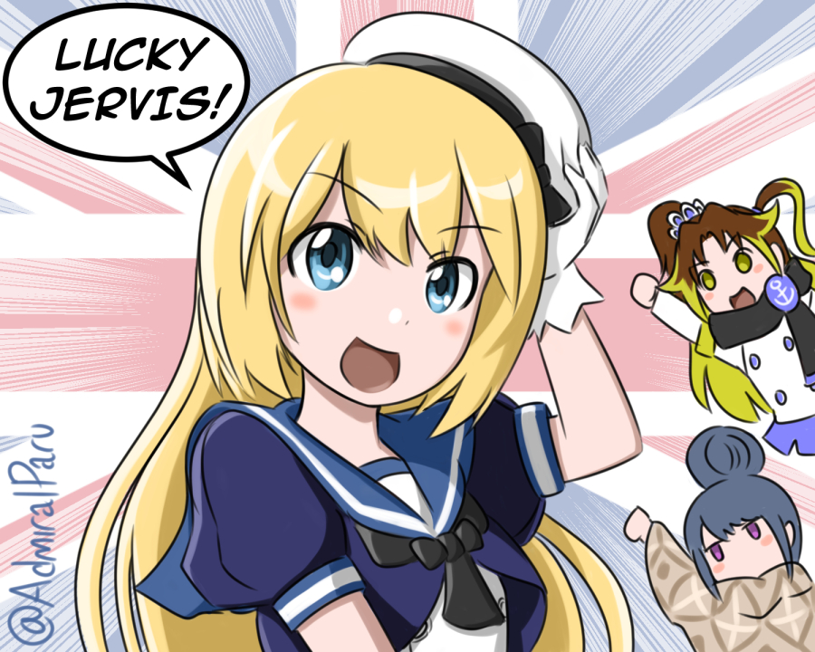 admiral_paru blonde_hair blue_eyes blue_sailor_collar character_name crossover dress emphasis_lines gloves hat jervis_(kantai_collection) kantai_collection little_girl_admiral_(kantai_collection) long_hair looking_at_viewer minty_mackenzie multiple_girls sailor_collar sailor_dress seiyuu_connection shima_rin short_sleeves solo_focus touyama_nao twitter_username union_jack upper_body white_gloves white_hat yurucamp