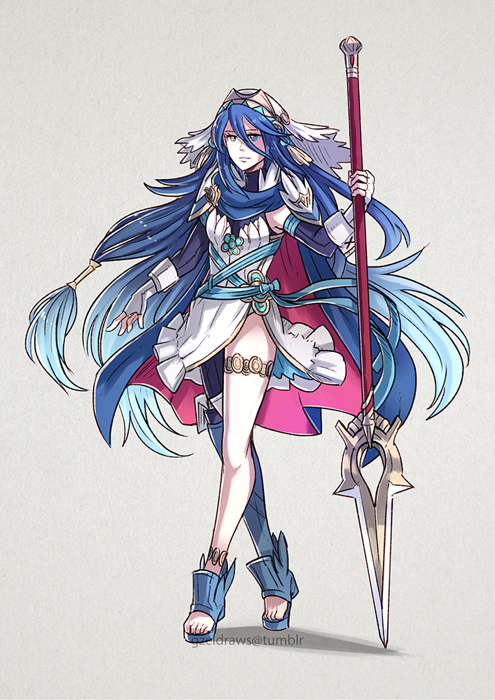 aqua_(fire_emblem_if) blue_hair dress fingerless_gloves fire_emblem fire_emblem:_kakusei fire_emblem_if full_body fusion gloves grey_background gzei heterochromia holding holding_spear holding_weapon long_hair looking_at_viewer lucina multicolored_hair polearm simple_background solo spear thighhighs two-tone_hair weapon