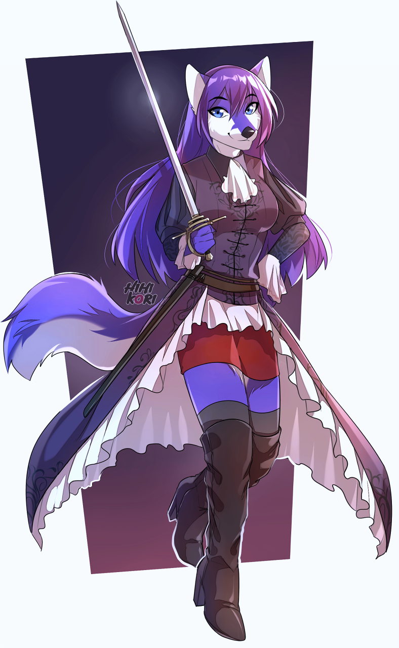 anthro black_nose blue_eyes blue_hair canine clothed clothing female fluffy fluffy_tail fur hair hihikori looking_at_viewer lucia_(character) mammal melee_weapon simple_background solo standing sword weapon wolf