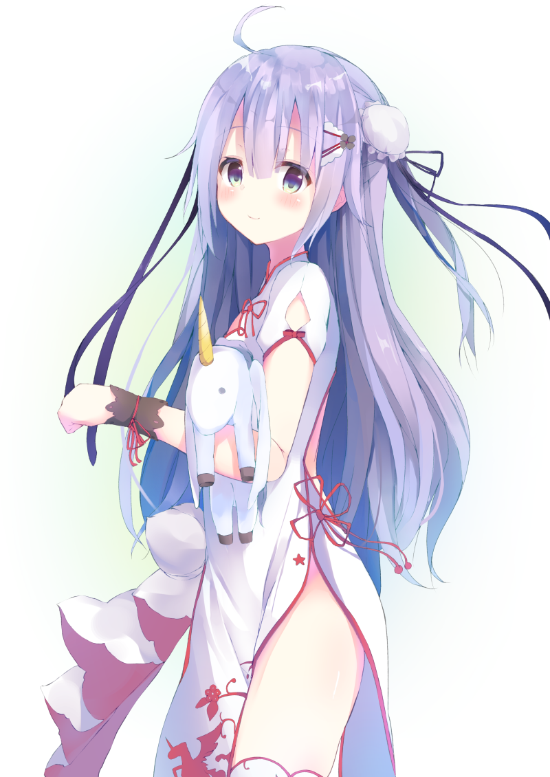 ahoge azur_lane bangs bare_hips black_ribbon blush breasts bun_cover china_dress chinese_clothes closed_mouth commentary_request double_bun dress eyebrows_visible_through_hair flower_knot hair_between_eyes long_hair looking_at_viewer looking_to_the_side narushina object_hug pelvic_curtain purple_eyes purple_hair ribbon short_sleeves side_bun side_slit small_breasts smile solo stuffed_alicorn stuffed_animal stuffed_toy tassel unicorn_(azur_lane) valentine very_long_hair white_background white_dress wrist_cuffs