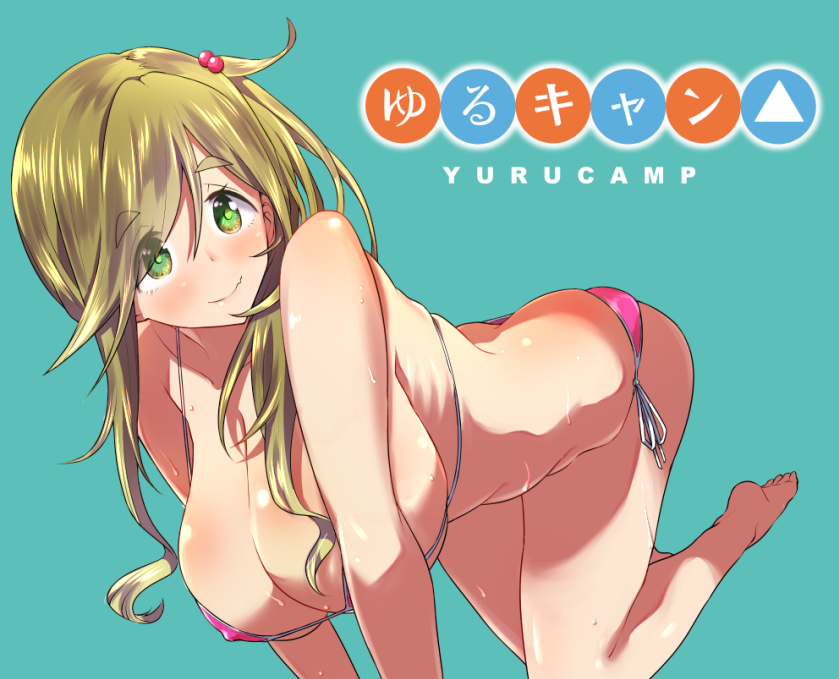 all_fours ass bare_shoulders barefoot bikini blush breasts brown_hair butt_crack cleavage collarbone covered_nipples eyebrows_visible_through_hair eyes_visible_through_hair fang green_background green_eyes hair_bobbles hair_ornament huge_breasts inuyama_aoi long_hair looking_at_viewer micro_bikini pink_bikini ribs rikosyegou side-tie_bikini side_ponytail simple_background skindentation smile solo sweat swimsuit thick_eyebrows yurucamp