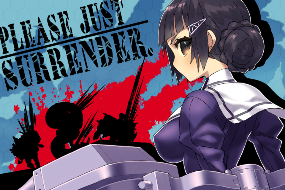 all-out_attack bangs black_hair blunt_bangs braid breasts brown_eyes covered_nipples english eyebrows eyelashes french_braid hair_bun hair_ornament heavy_cruiser_hime honeycomb_(pattern) honeycomb_background itsumo_nokoru kantai_collection long_sleeves machinery medium_breasts multiple_girls myoukou_(kantai_collection) no_mouth parody persona persona_5 puffy_long_sleeves puffy_sleeves purple_shirt remodel_(kantai_collection) shirt short_hair silhouette solo_focus text_focus tsu-class_light_cruiser upper_body