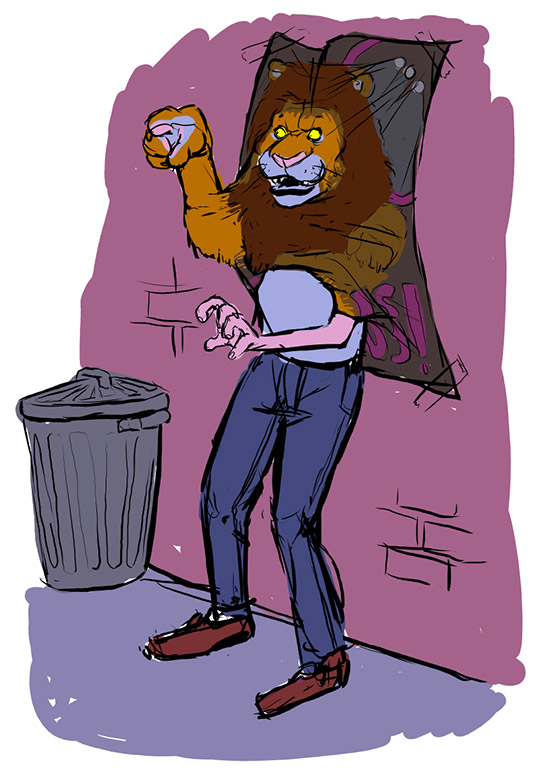 2009 5_fingers anthro clothed clothing digital_drawing_(artwork) digital_media_(artwork) feline fur lion male mammal open_mouth orange_fur outside pawpads paws pink_nose pink_pawpads poster simple_background solo standing swatcher transformation trash_can yellow_sclera