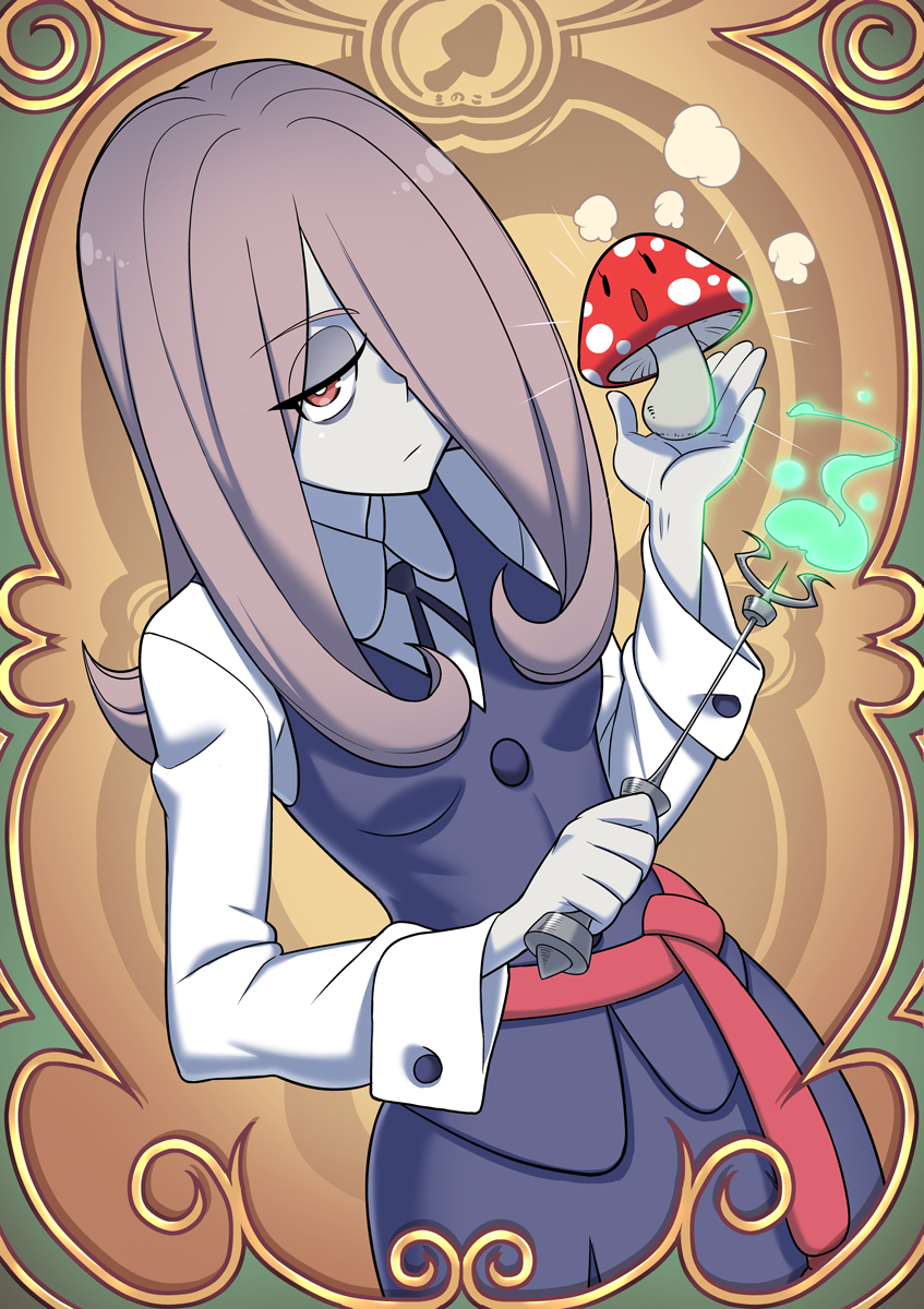 eyebrows_visible_through_hair hair_over_one_eye highres holding holding_wand kjech little_witch_academia long_hair long_sleeves looking_at_viewer luna_nova_school_uniform mushroom pink_hair red_eyes school_uniform solo sucy_manbavaran wand