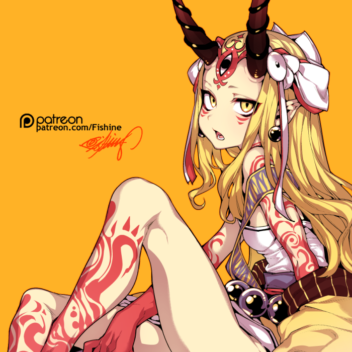 arm_tattoo bare_shoulders beads blonde_hair breasts earrings facial_tattoo fate/grand_order fate_(series) fishine hair_ribbon horns ibaraki_douji_(fate/grand_order) japanese_clothes jewelry kimono knee_up leg_tattoo long_hair looking_at_viewer oni open_mouth patreon_logo patreon_username pointy_ears ribbon signature simple_background sitting sleeveless small_breasts solo tattoo third_eye yellow_background yellow_eyes yellow_kimono