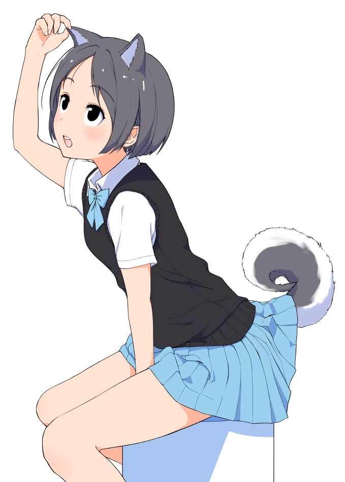 :o animal_ears between_legs black_eyes black_vest blue_neckwear blue_skirt blush bow bowtie collared_shirt commentary_request curled_tail dog_ears dog_tail eyebrows_visible_through_hair from_side grey_hair hand_between_legs hand_up hi_iro looking_up original pleated_skirt school_uniform shirt short_sleeves simple_background skirt solo tail tail_lift vest white_background white_shirt wing_collar