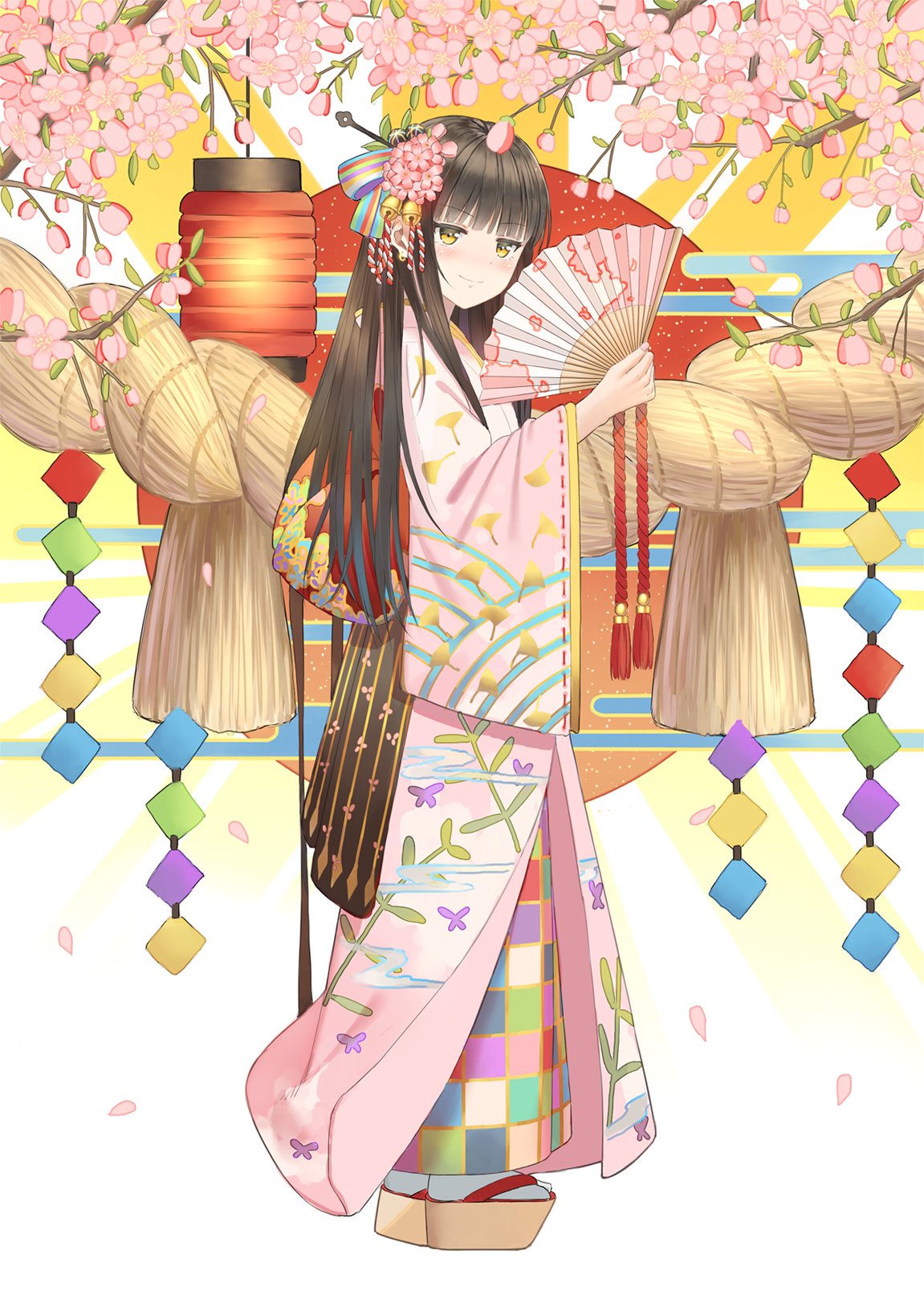 5ya blush brown_eyes brown_hair cherry_blossoms closed_mouth commentary_request eyebrows_visible_through_hair fan folding_fan from_side hair_ornament highres holding holding_fan japanese_clothes kimono long_hair long_sleeves looking_at_viewer looking_to_the_side original pink_kimono platform_footwear sandals smile smug socks solo standing tassel white_legwear wide_sleeves