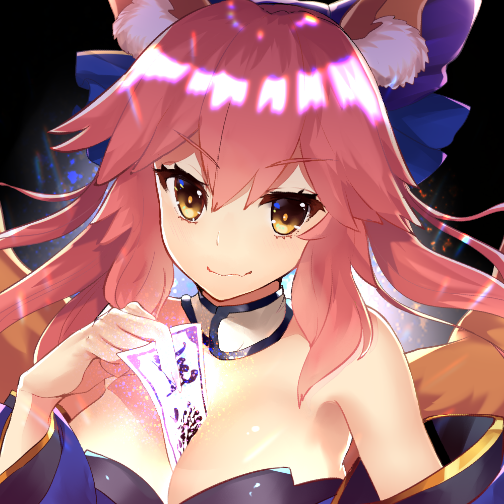 animal_ears between_breasts breasts cleavage detached_sleeves fate/extra fate/grand_order fate_(series) fox_ears fox_tail guri1105 hair_ribbon japanese_clothes large_breasts long_hair looking_at_viewer pink_hair ribbon solo tail tamamo_(fate)_(all) tamamo_no_mae_(fate) yellow_eyes
