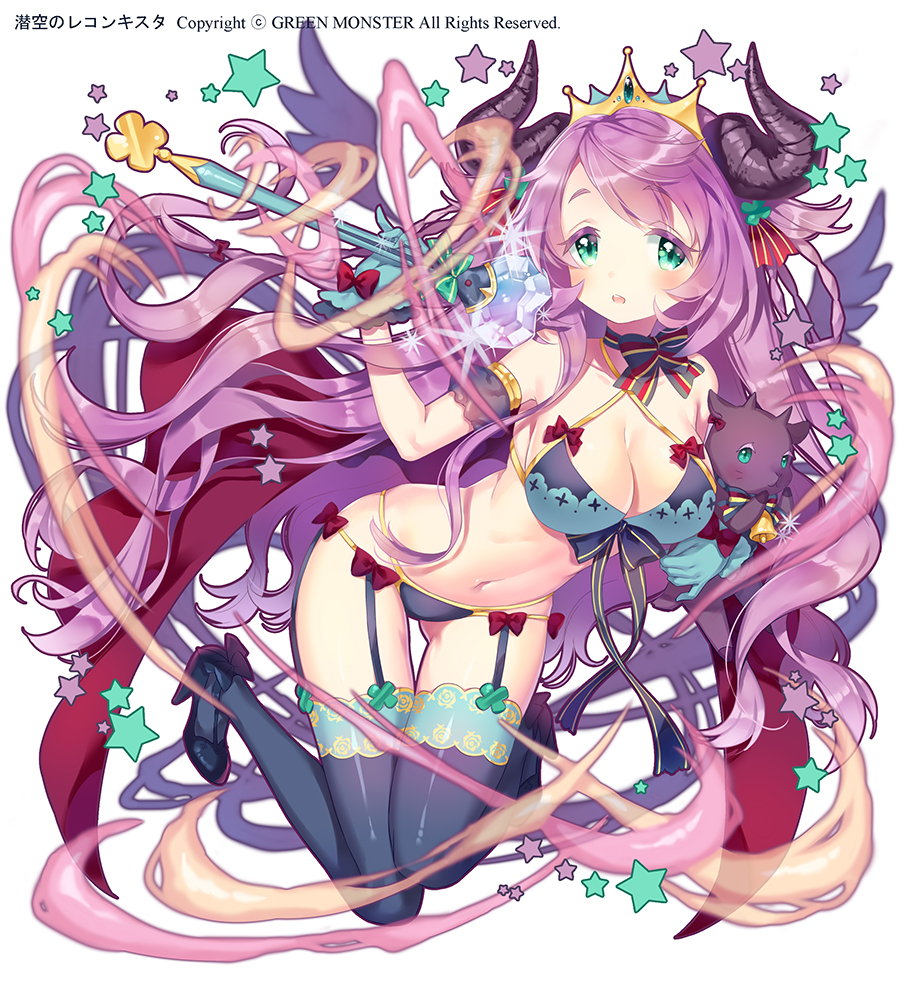 animal animal_hug animal_request bare_shoulders bell bikini black_bikini black_footwear blade blue_gloves bow breasts character_request cleavage collarbone commentary_request crystal curled_horns detached_sleeves full_body garter_straps gloves green_eyes heart high_heels holding holding_wand horns large_breasts long_hair manle official_art parted_lips puffy_short_sleeves puffy_sleeves purple_hair senkuu_no_reconquista short_sleeves solo star starry_background striped striped_bow swimsuit thighhighs tiara very_long_hair wand white_background