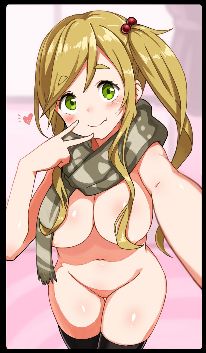 areola_slip areolae black_border blush border breasts brown_hair cowboy_shot eyebrows_visible_through_hair eyelashes fang green_eyes groin hair_bobbles hair_censor hair_ornament hair_over_one_breast heart highres inuyama_aoi large_breasts long_hair looking_at_viewer naked_scarf navel no_pussy nude outstretched_arm ponytail pose reaching_out scarf self_shot shiny shiny_skin side_ponytail sidelocks smile solo standing stomach thick_eyebrows thigh_gap thighhighs thighs v yurucamp zaxwu