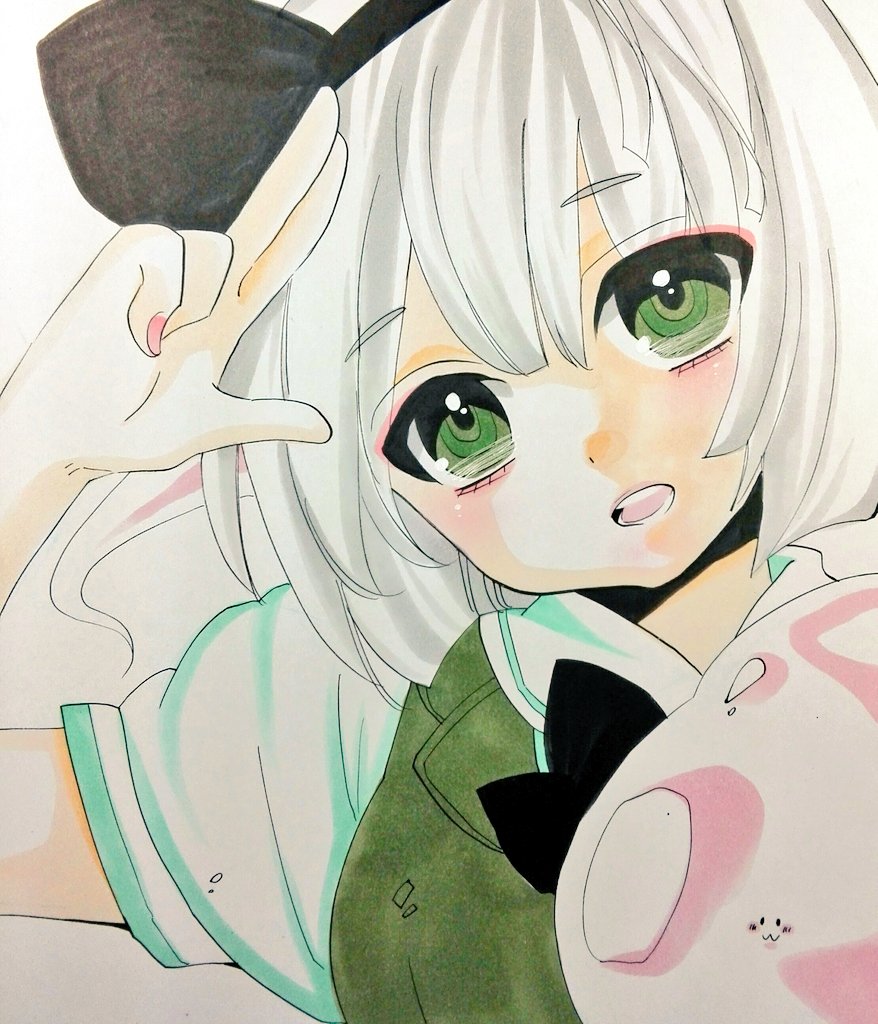 :3 black_ribbon commentary_request eyebrows_visible_through_hair eyelashes green_eyes green_vest grey_hair hair_ribbon konpaku_youmu konpaku_youmu_(ghost) limited_palette looking_at_viewer marker_(medium) matsuppoi open_mouth ribbon salute shikishi shirt short_hair short_sleeves solo teeth touhou traditional_media two-finger_salute upper_body vest