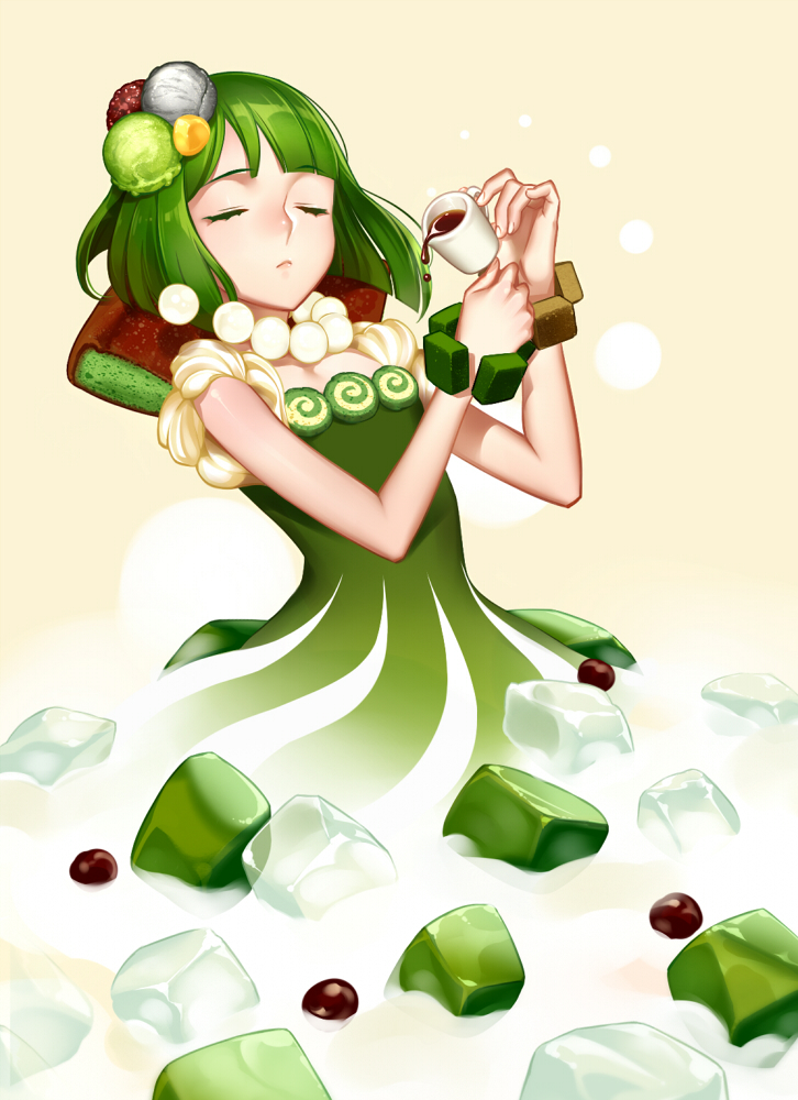 androgynous anmitsu_(dessert) bangs beige_background blunt_bangs bob_cut bracelet cake closed_eyes cup dress food food_as_clothes food_themed_hair_ornament gelatin green_dress green_hair hair_ornament holding holding_cup ice ice_cream ice_cube jewelry light_frown necklace original personification pouring short_hair sleeveless sleeveless_dress solo swiss_roll syrup tokie_(tokie-mizu) yellow_background