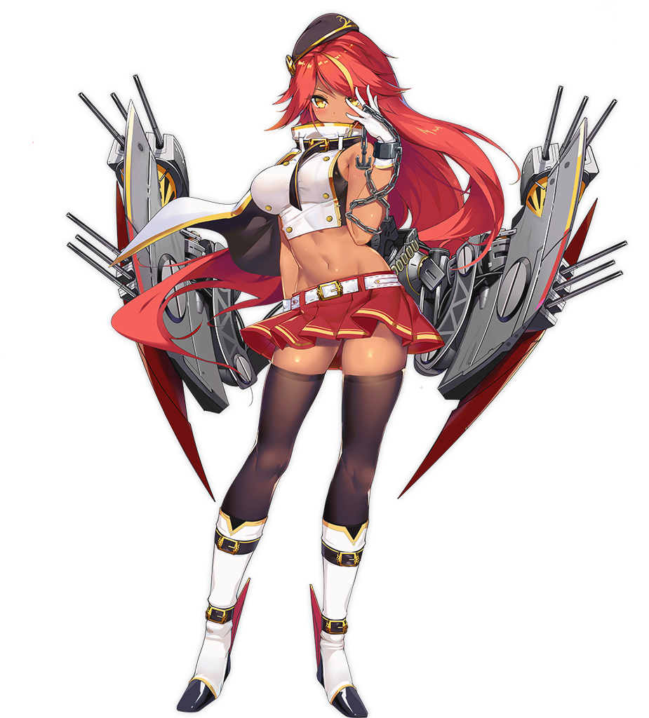 anchor arm_at_side azur_lane bangs bare_shoulders belt belt_buckle beret black_belt black_hat black_legwear blonde_hair blush boots breasts buckle chain closed_mouth crop_top cuffs dark_skin eyebrows eyebrows_visible_through_hair full_body gloves groin hand_over_eye hand_up hat jamaica_(azur_lane) large_breasts legs_apart long_hair looking_at_viewer machinery midriff miniskirt multicolored_hair navel official_art pleated_skirt popped_collar red_hair red_skirt shackles shirt skirt sleeveless sleeveless_shirt solo standing stomach streaked_hair swept_bangs tachi-e thighhighs transparent_background turret turtleneck two-tone_hair white_belt white_footwear white_gloves white_shirt yellow_eyes zettai_ryouiki