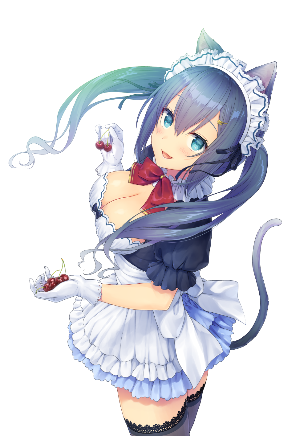 :d animal_ears apron bangs black_legwear blue_eyes blue_hair blue_skirt blush bow bowtie breasts cat_ears cat_tail cherry cleavage cleavage_cutout colored_eyelashes daidai_jamu eyebrows_visible_through_hair food frilled_apron frills from_side fruit gloves highres holding holding_food holding_fruit lace lace-trimmed_thighhighs large_breasts long_hair looking_at_viewer looking_to_the_side maid_headdress neck_garter open_mouth original puffy_short_sleeves puffy_sleeves red_bow red_neckwear short_sleeves simple_background skirt smile solo standing tail thighhighs twintails waist_apron white_apron white_background white_bow white_gloves zettai_ryouiki