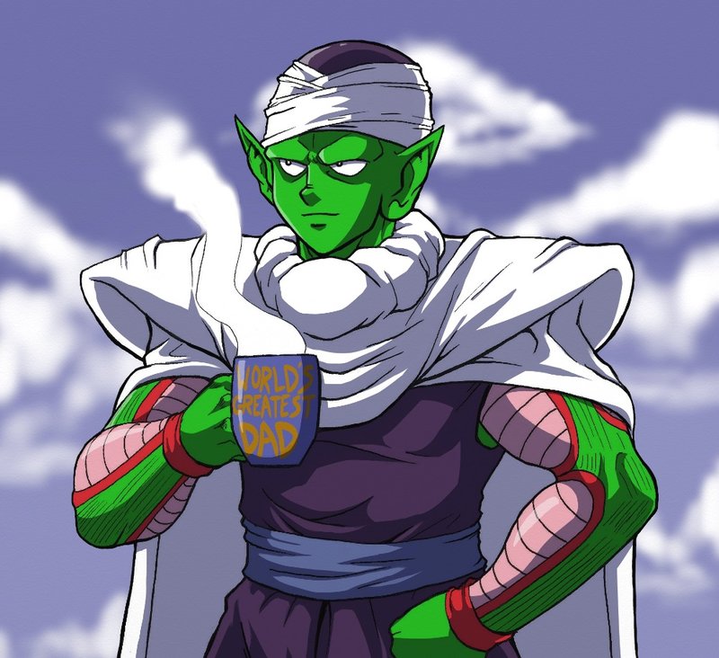 1boy blue_sky cape casual cloud cloudy_sky cup dragon_ball dragonball_z english garththedestroyer green_skin hand_on_hip hat male_focus mug muscle outdoors piccolo pointy_ears shoulder_pads sky smile solo steam turban upper_body