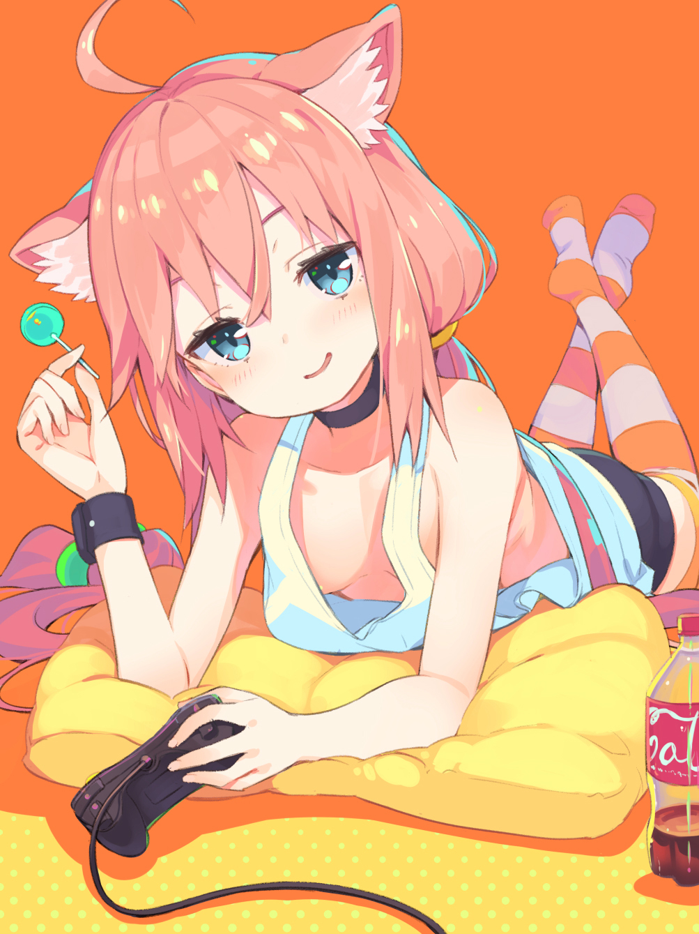 ahoge animal_ear_fluff animal_ears areola_slip areolae bangs blue_eyes blush bow breasts candy cat_ears coca-cola collar collarbone commentary_request controller downblouse eyebrows_visible_through_hair food game_controller hair_between_eyes highres hinata_channel holding_candy jitome lollipop long_hair looking_at_viewer loose_clothes loose_shirt low_twintails lying nekomiya_hinata on_stomach open_mouth orange_background orange_legwear pillow pink_hair polka_dot shirt shorts simple_background small_breasts smile smug soda solo striped striped_legwear tam-u tank_top twintails virtual_youtuber white_legwear white_shirt wristband
