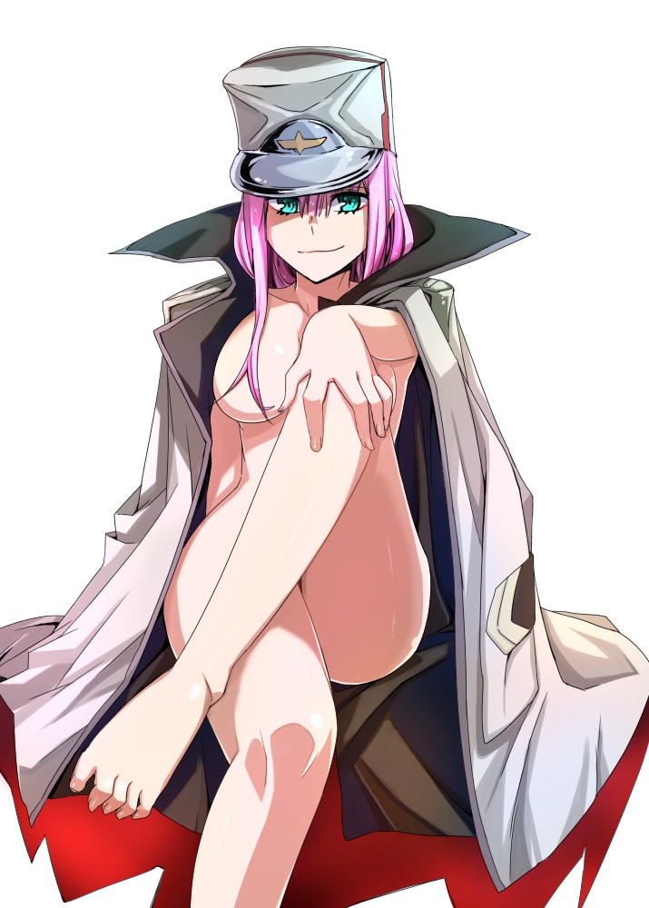 bad_id bad_pixiv_id breasts crossed_legs darling_in_the_franxx feet green_eyes hair_over_breasts hat kuro_(1968) large_breasts long_hair looking_at_viewer military military_hat military_uniform pink_hair simple_background sitting smile solo uniform white_background zero_two_(darling_in_the_franxx)