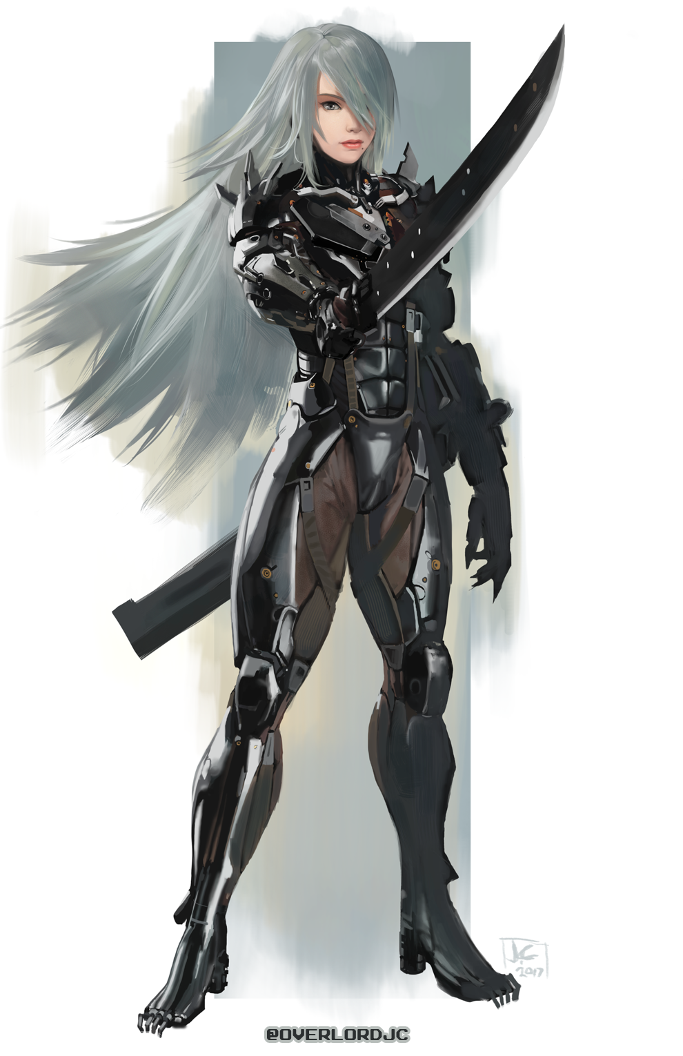 commentary commission company_connection cyborg full_body fusion hair_over_one_eye highres john_crayton lips long_hair metal_gear_(series) metal_gear_rising:_revengeance mole mole_under_mouth nier_(series) nier_automata nose power_suit raiden silver_hair solo spikes sword weapon yorha_type_a_no._2