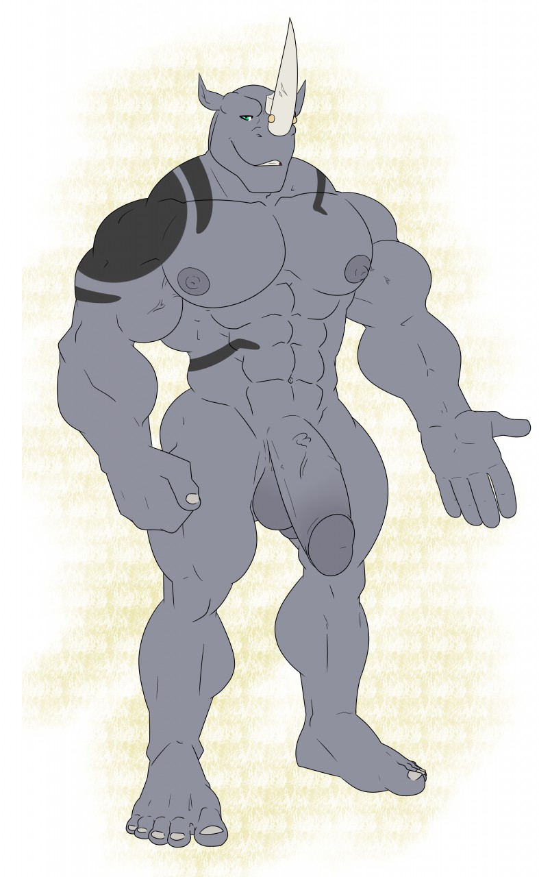 2017 abs anthro balls biceps circumcised digital_media_(artwork) half-erect hi_res horn huge_muscles humanoid_penis looking_at_viewer male muscular nipples nude pecs penis piercing quads rhyno shaded smile solo standing tattoo teeth trianglepapaya vein veiny_penis