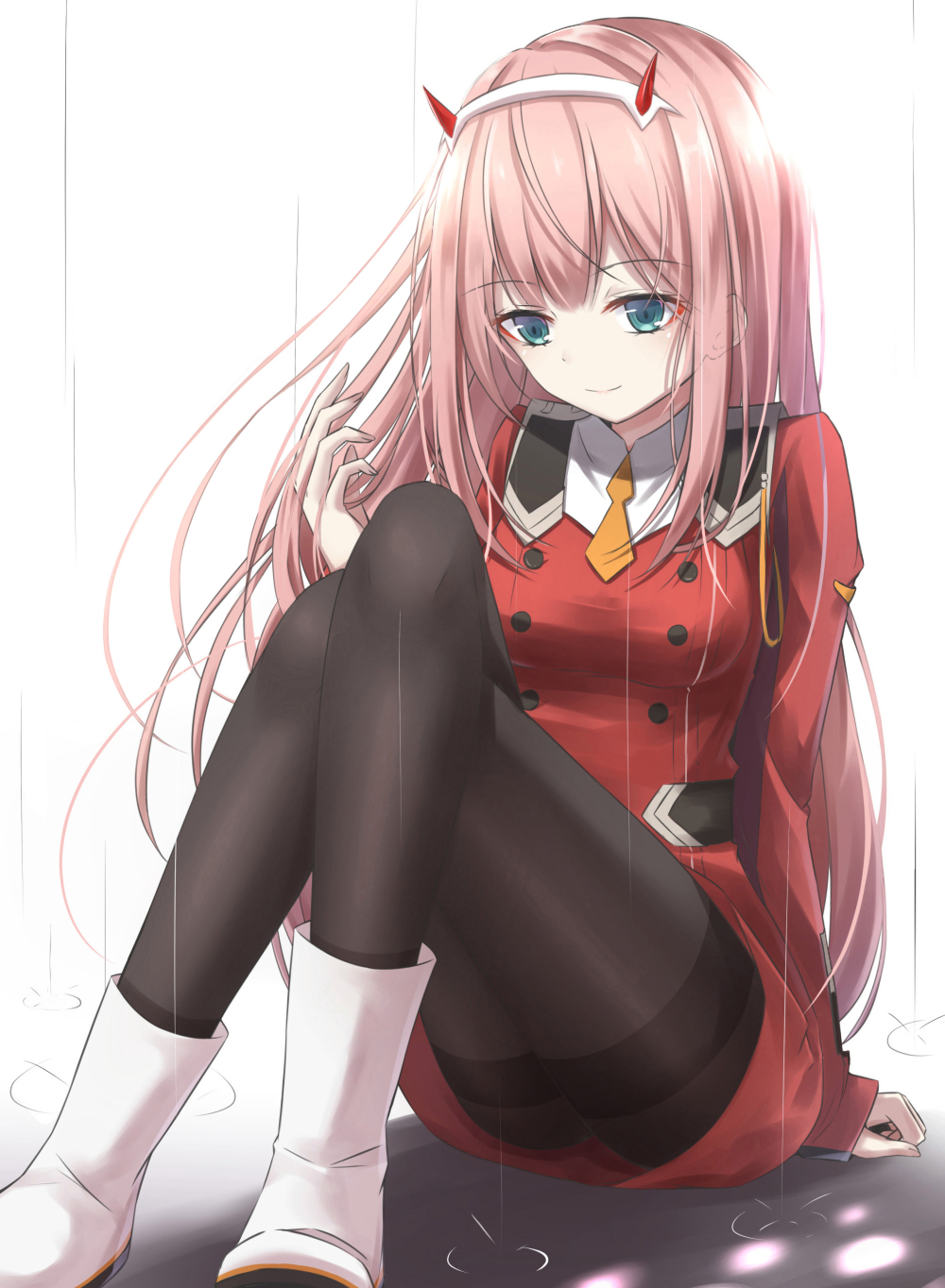 akira_(been0328) arm_support bangs black_legwear blue_eyes boots crossed_legs darling_in_the_franxx eyebrows_visible_through_hair fingernails highres horns jacket long_hair long_sleeves pantyhose pink_hair rain red_jacket sitting sleeves_past_wrists solo thighband_pantyhose very_long_hair white_background white_footwear zero_two_(darling_in_the_franxx)