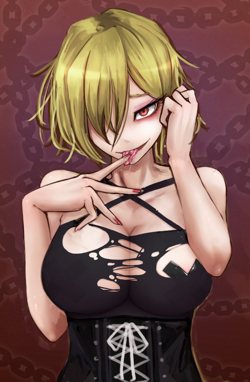 aurelia_(dorei_to_no_seikatsu) bare_arms bare_shoulders black_dress blonde_hair breasts chain cleavage commentary_request dress finger_licking finger_to_mouth fingernails hair_over_one_eye hands_up highres large_breasts licking looking_at_viewer makeup nail_polish original ray-k red_eyes red_nails saliva saliva_trail short_hair solo tongue tongue_out torn_clothes upper_body