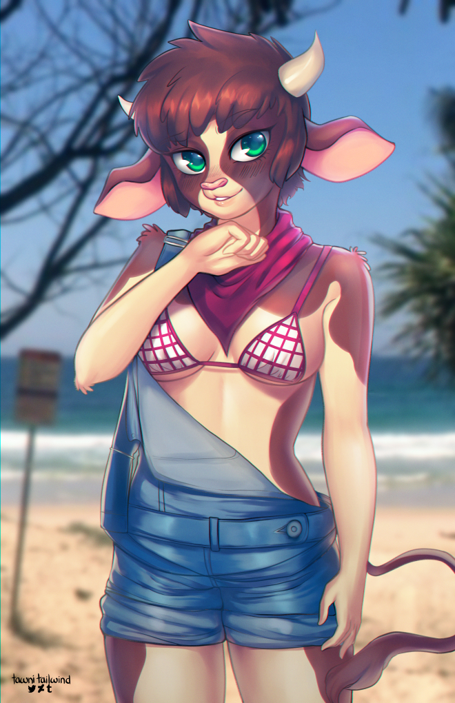 2018 anthro arizona_cow_(tfh) bovine breasts brown_hair cattle clothed clothing digital_media_(artwork) female green_eyes hair horn looking_at_viewer mammal neckerchief outside overalls pink_nose solo tawni_tailwind them's_fightin'_herds