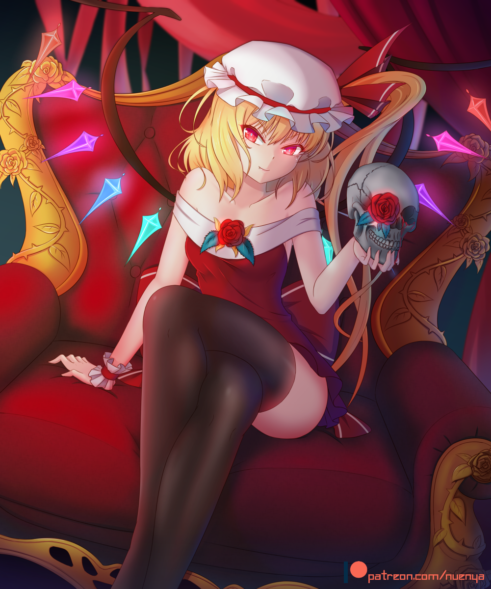 &gt;:) alternate_costume artist_name bangs bare_shoulders black_legwear blonde_hair breasts closed_mouth collarbone crossed_legs crystal curtains dress fang_out feet_out_of_frame flandre_scarlet flower frills hat hat_ribbon head_tilt highres holding indoors long_hair looking_at_viewer md5_mismatch mob_cap nuenya off-shoulder_dress off_shoulder one_side_up red_dress red_flower red_ribbon red_rose ribbon rose short_dress skull small_breasts smile solo thighhighs throne touhou v-shaped_eyebrows watermark web_address white_hat wings wrist_cuffs