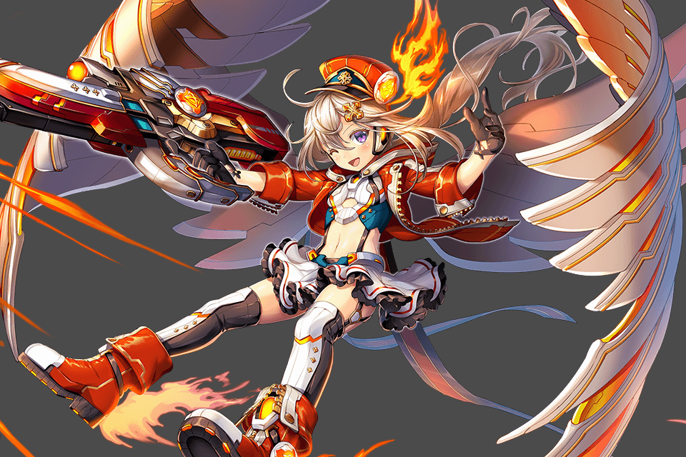 1girl angel boots cross fire flame flying full_body gloves gun hat jacket kamihime_project_r looking_at_viewer navel purple_eyes simple_background skirt tagme thighs uriel_(kamihime) weapon white_hair wings wink