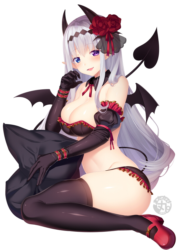 :d bangs black_bra black_gloves black_legwear black_pillow black_wings bra breasts cleavage demon_girl demon_horns demon_tail demon_wings detached_collar elbow_gloves eyebrows_visible_through_hair flower from_side gloves hair_between_eyes hair_flower hair_ornament hand_to_own_mouth heterochromia horns large_breasts long_hair looking_at_viewer matatabi_maru open_mouth original pillow pillow_grab pink_footwear signature silver_hair simple_background sitting smile succubus tail thighhighs thighs underwear very_long_hair wariza white_background wings