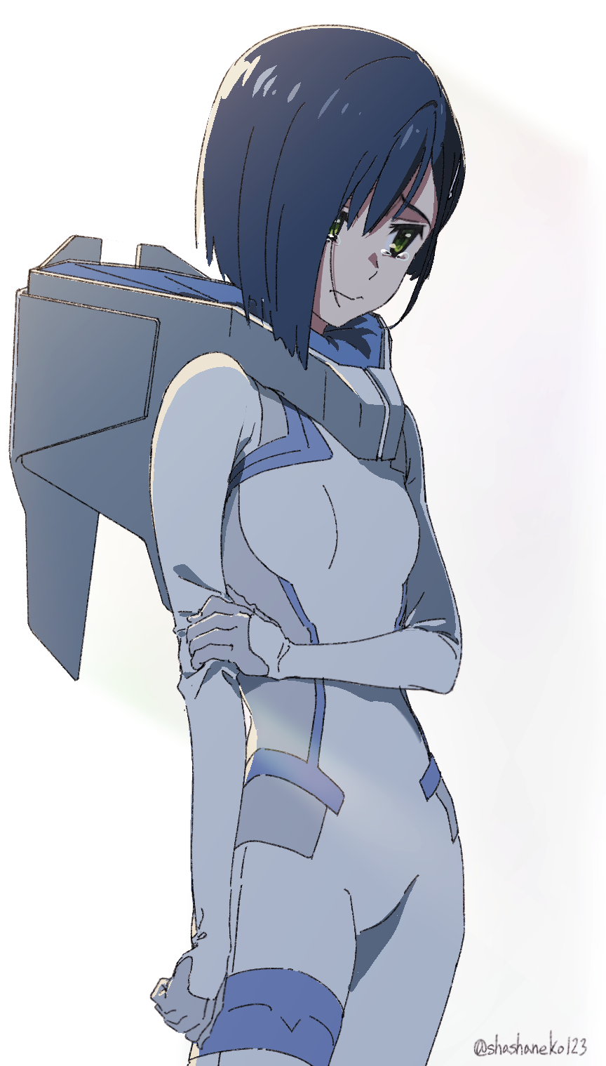 arm_at_side bangs blue_hair bodysuit cowboy_shot darling_in_the_franxx food fruit green_eyes hand_on_own_arm highres ichigo_(darling_in_the_franxx) pilot_suit sad shiny shiny_hair shishamo_(masato_k) short_hair simple_background skin_tight solo standing strawberry tearing_up tears twitter_username white_background white_bodysuit
