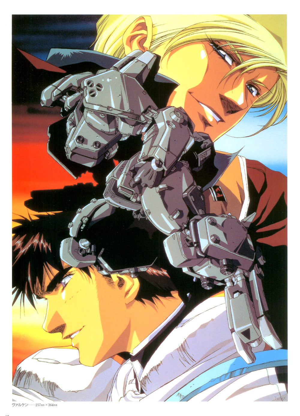 90s assault_suits_series assault_suits_valken blonde_hair blue_eyes brown_hair character_request grin headwear_removed highres jake_brain looking_at_viewer mecha military military_uniform multiple_boys ncs no_headwear no_helmet official_art pilot_suit promotional_art scan science_fiction smile smirk spacesuit traditional_media uniform urushihara_satoshi valken