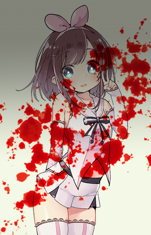 :d a.i._channel bangs bare_shoulders blood blue_eyes blush brown_background brown_hair cowboy_shot detached_sleeves eyebrows_visible_through_hair hair_ribbon hairband hand_up kizuna_ai lace lace-trimmed_thighhighs long_sleeves looking_at_viewer multicolored_hair navel open_mouth pink_hair pink_hairband pink_ribbon pleated_skirt ribbon shirt sidelocks skirt sleeveless sleeveless_shirt sleeves_past_wrists smile solo star streaked_hair thighhighs tsuka v virtual_youtuber white_legwear white_shirt white_skirt